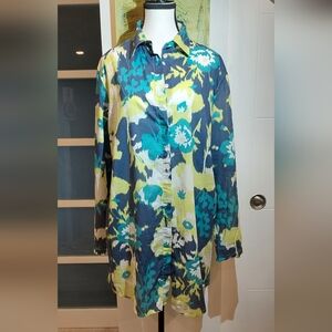Floral Print Women's Blouse - Blue and Green